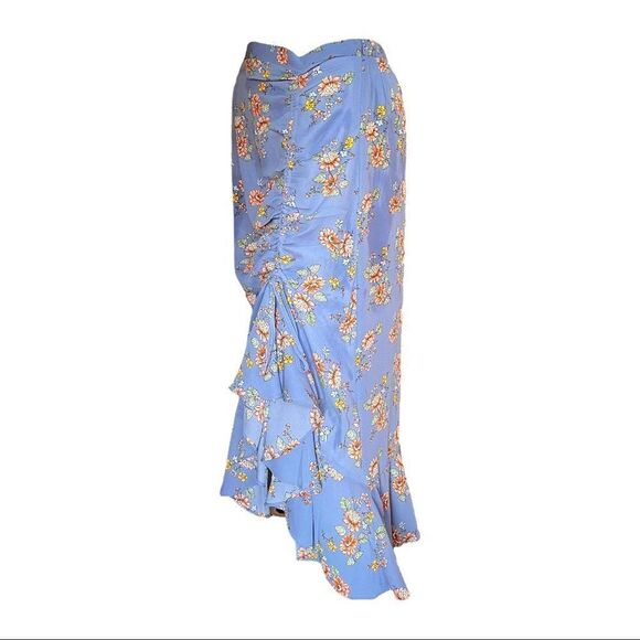 NEW Max Studio Bubble Crepe Side Cinched Skirt Blue Floral Ruffle Wrap Women M - Picture 4 of 9